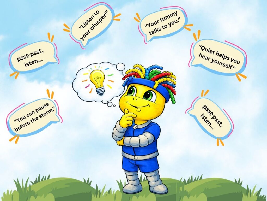 Yellow cartoon thinking with lightbulb and speech bubbles